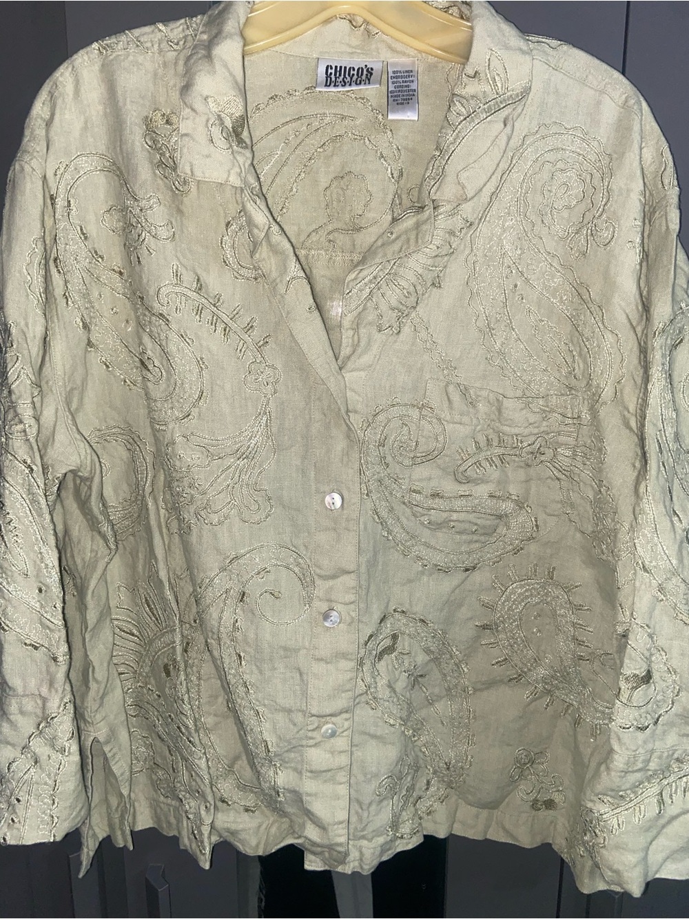 Chico's Embroidered Linen Shirt in Sage Green